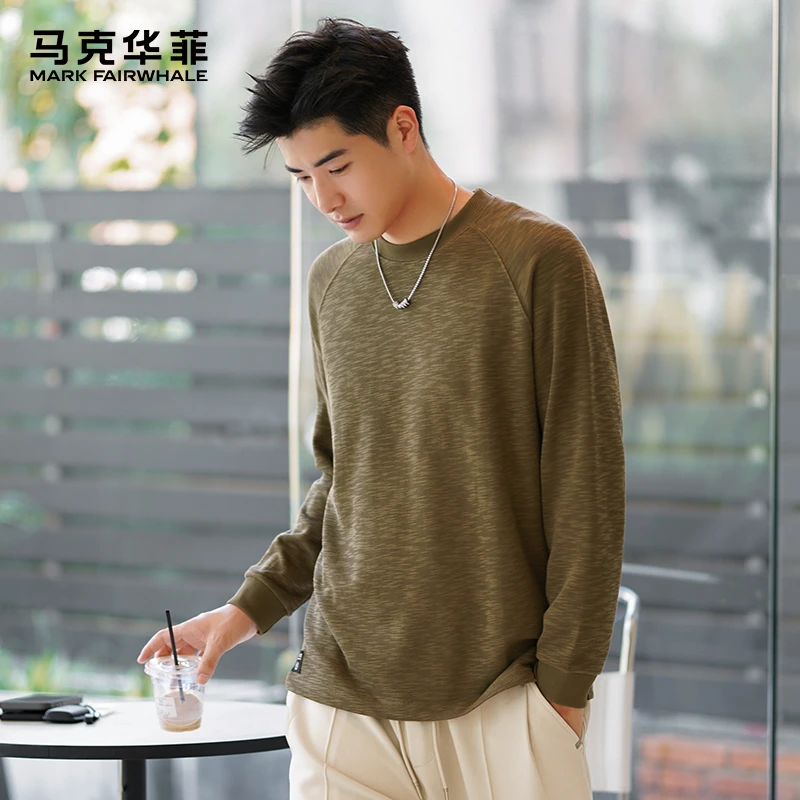 马克华菲竹节棉长袖圆领T恤男秋季宽松上衣2025新款潮百搭打底衫