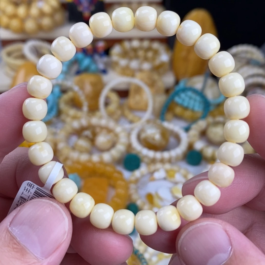 蜜蜡未镶嵌手链瓷白白蜡满白7.6mm高桩