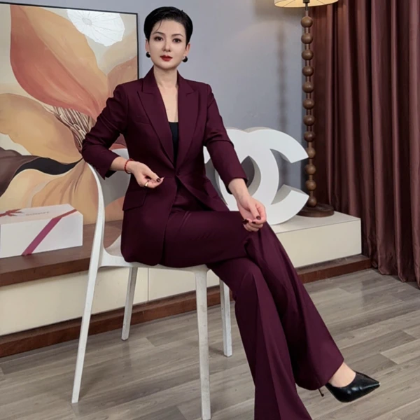 【断码福利】时尚洋气车厘子色修身显瘦西装微喇长裤西装套装
