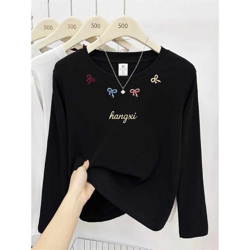 正肩长袖t恤女早秋装2025新款大码胖mm蝴蝶结印花圆领打底衫上衣