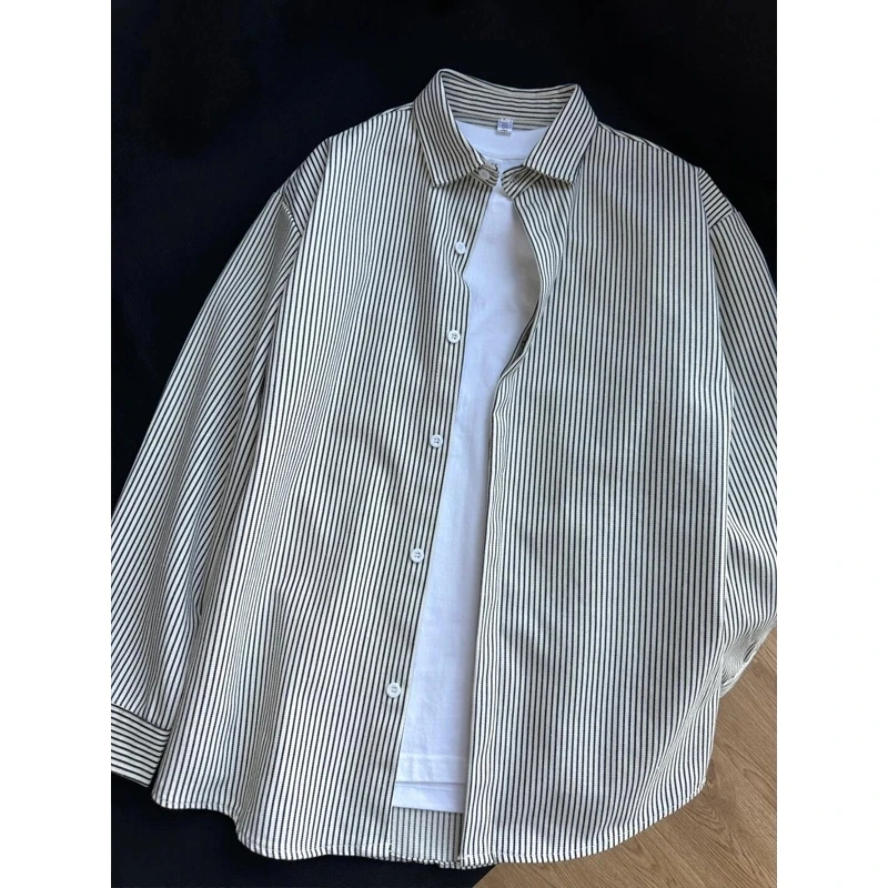 黑白竖条纹长袖衬衫男款春夏寄高级感外套潮牌cleanfit情侣装衬衣