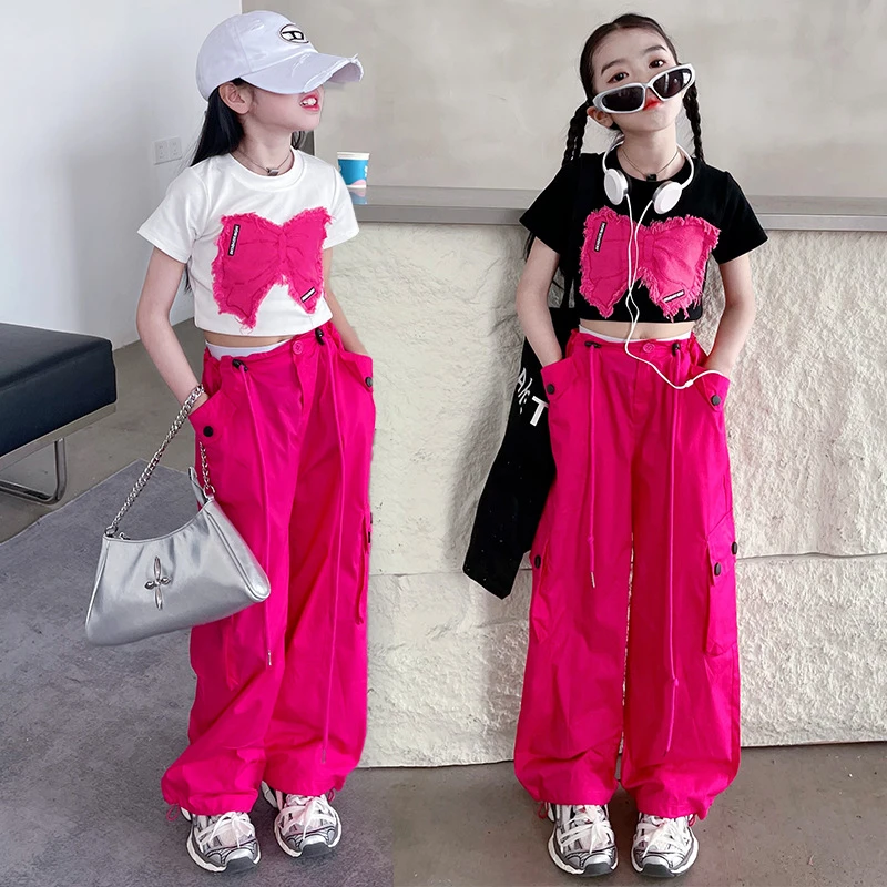 韩版女童潮流套装2024夏新款女孩蝴蝶结短袖阔腿工装裤两件套潮