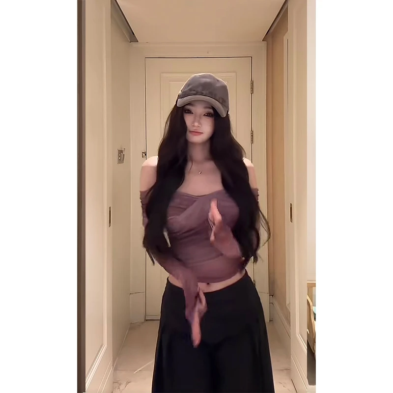 withmin白兔 烟雨朦胧 美式复古渐变小众一字肩修身短上衣2522051