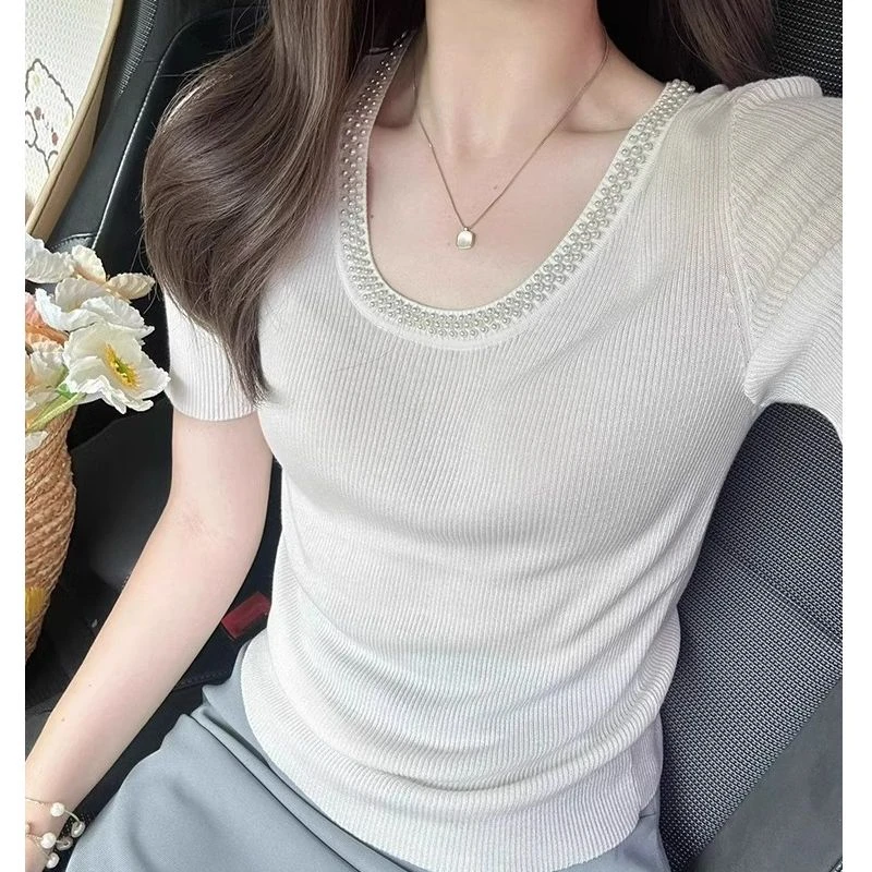 韩系重工钉珠u领冰丝针织衫短袖t恤女夏季高级感轻奢修身气质上衣