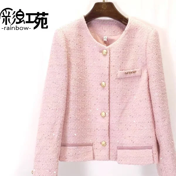 W086春秋时尚圆领单排扣小香风外套DM7