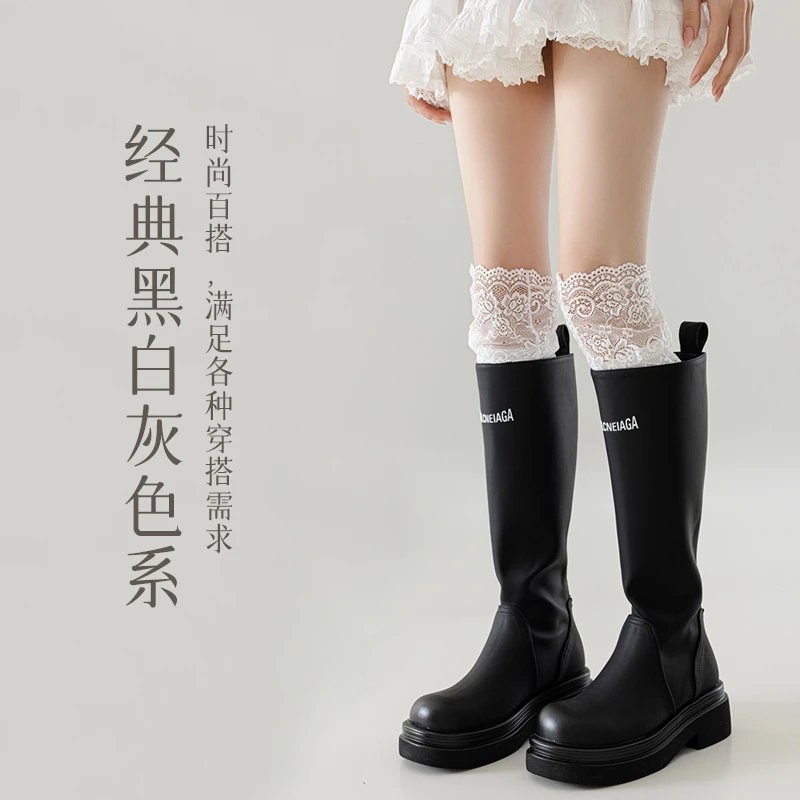 花边芭蕾风灰色小腿袜女春秋长筒堆堆袜中筒袜透气网眼夏季薄款