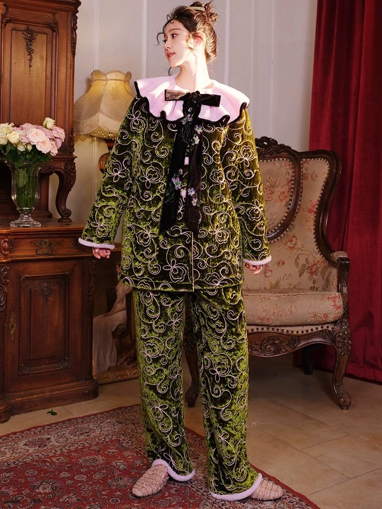 ANNZ原创奢华三层加厚夹棉加绒睡衣大码家居服套装女士可外穿