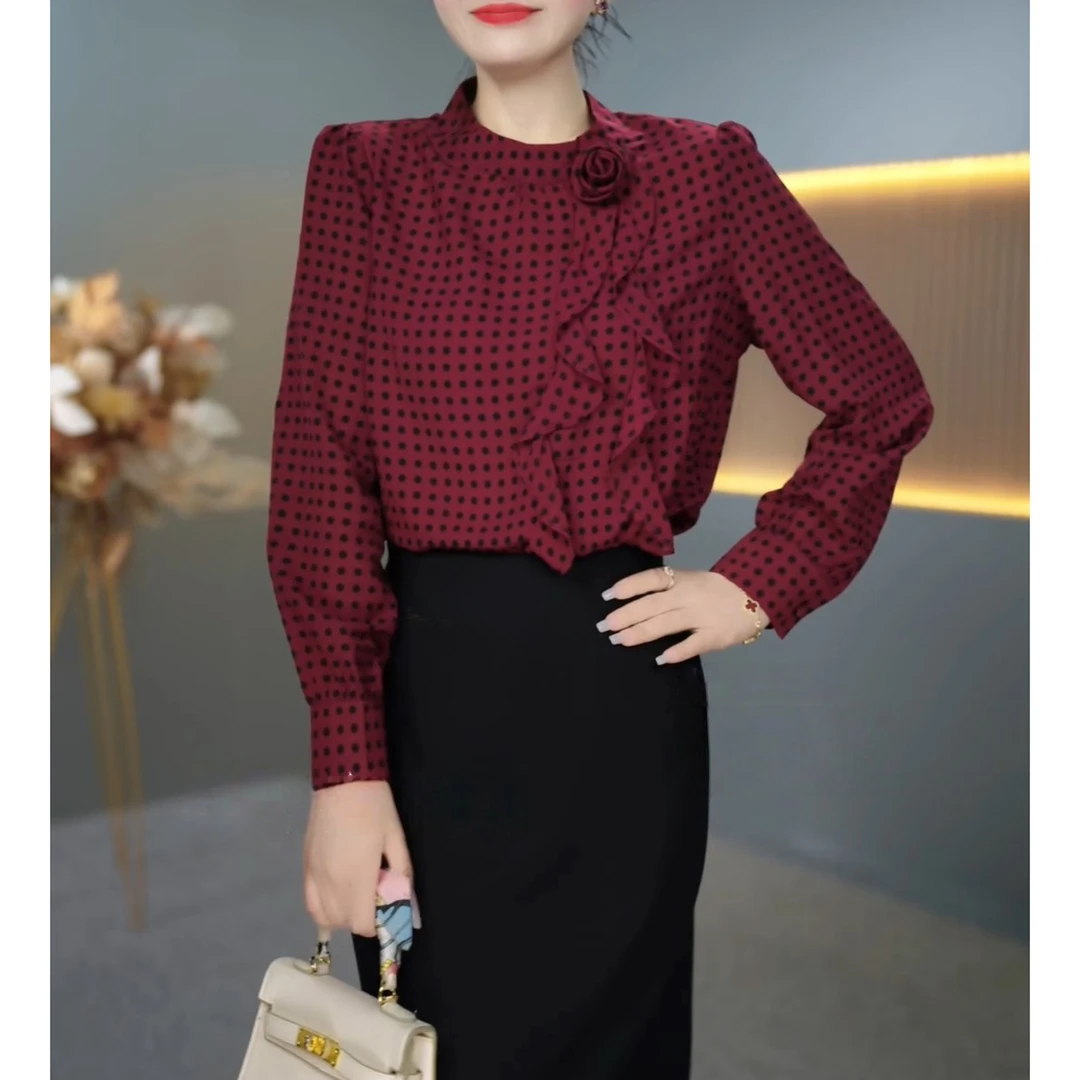 早秋季新款气质百搭显瘦小衫时尚波点立体花设计感长袖衬衫上衣女