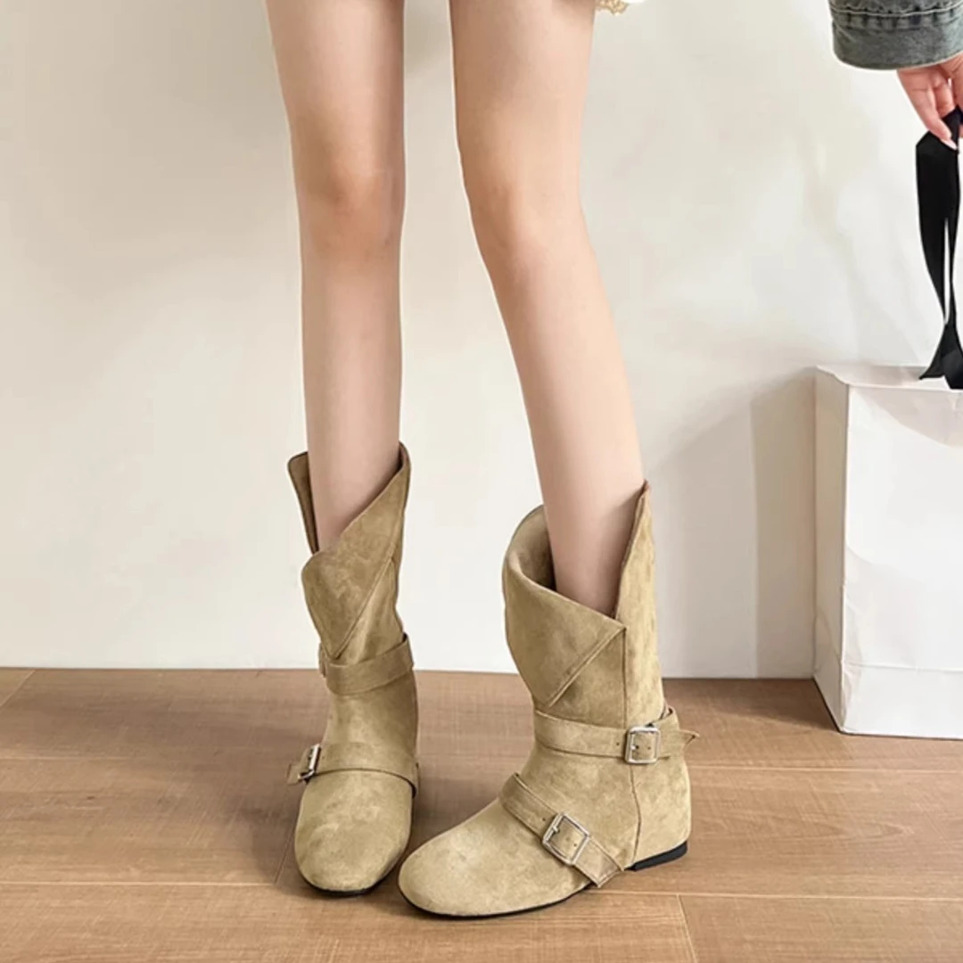 复古皮带扣中筒靴女2025秋冬季新款显瘦百搭西部靴内增高马丁靴布