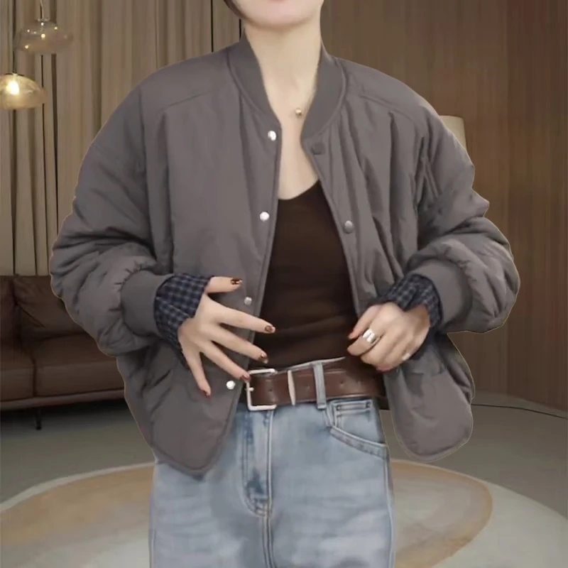 5991#大码女装时尚保暖小棉服秋冬新款圆领单排扣显瘦百搭外套潮