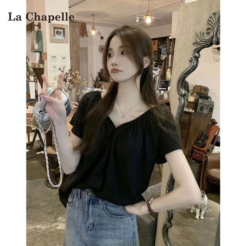 拉夏贝尔韩系v领衬衫女简约温柔气质褶皱百搭宽松短袖小衫上衣