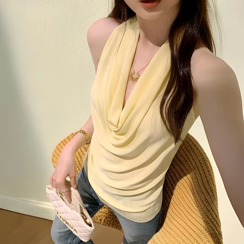 衣服女装2025新款夏季新款高级感小众荡领挂脖无袖针织外搭小背心