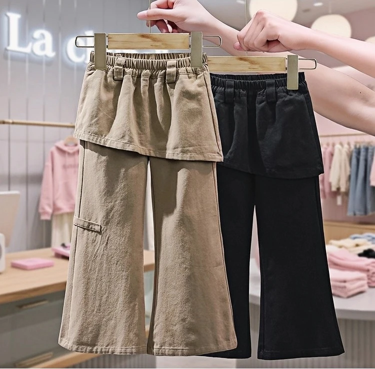 女童屁帘喇叭裤2025新款春秋裤子中大童洋气时髦假两件休闲长裤