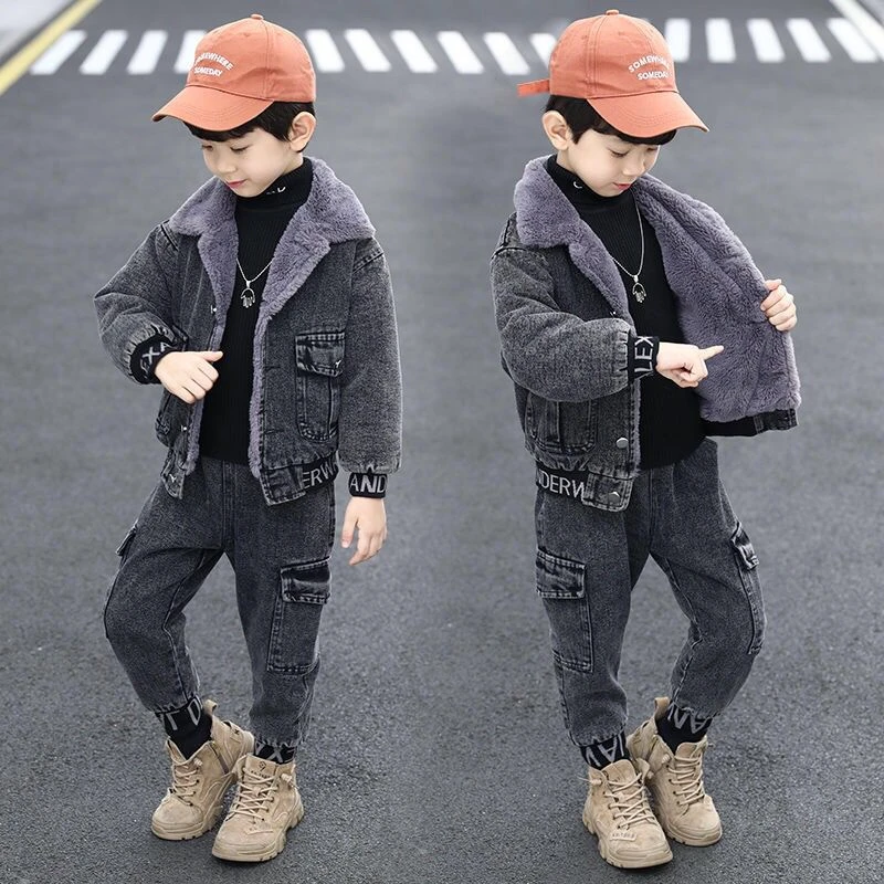男童套装儿童冬季潮酷新款百搭中大童加厚加绒保暖男童牛仔套装