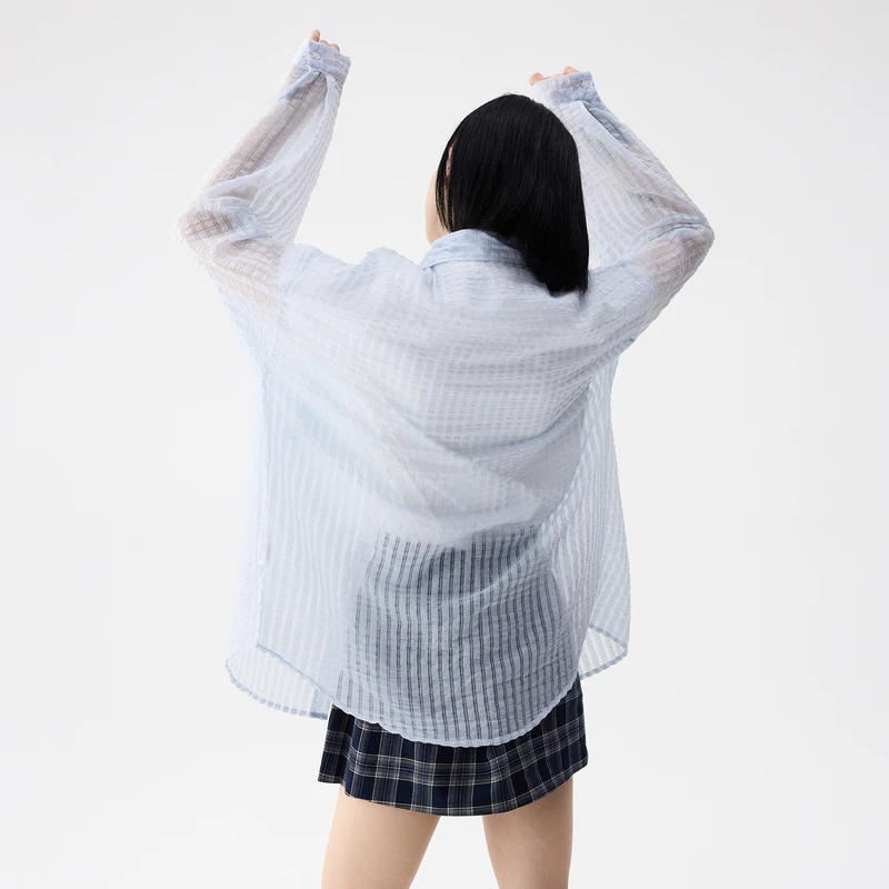 OWOX 莱赛尔微透条纹物理防晒衬衫夏季休闲户外轻薄叠穿衬衣外套