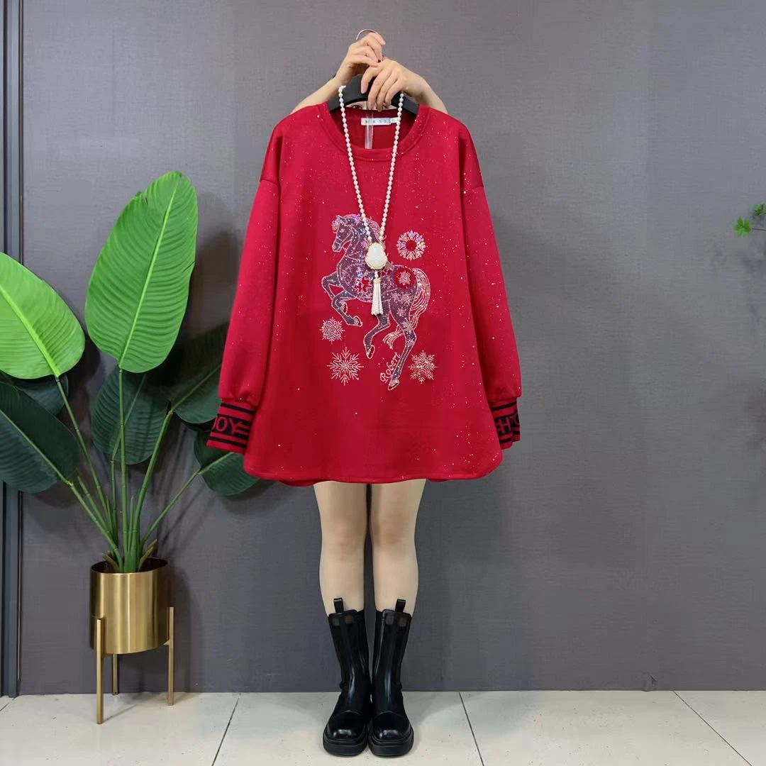 秋冬新款上衣胖MM大码宽松休闲显瘦亮闪韩版重工烫钻小马中长卫衣