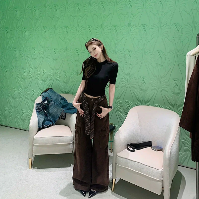 2025年夏季新款ins气质御姐范修身中袖上衣女+高腰阔腿工装长裤女