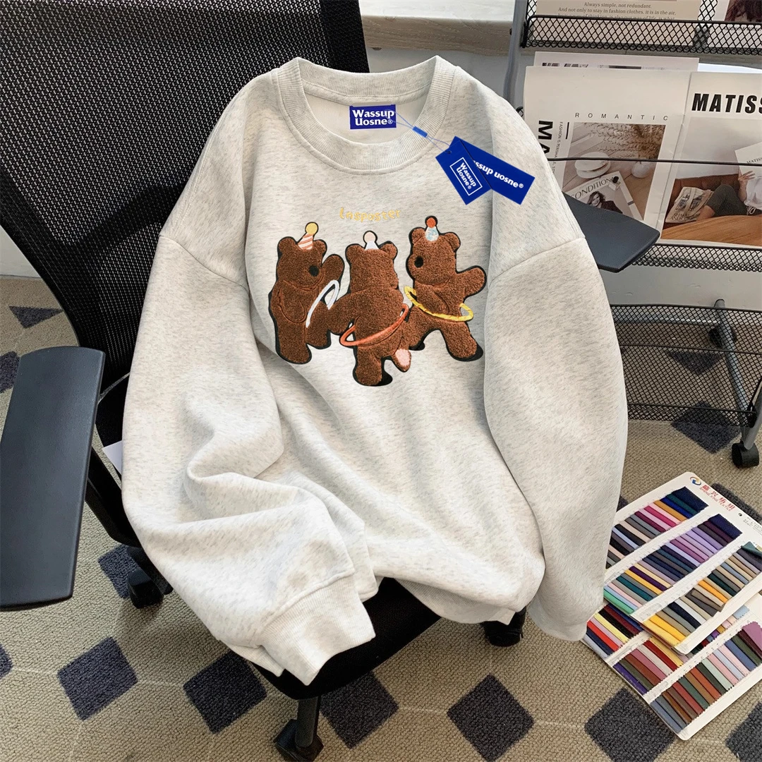 毛巾绣棕熊无帽圆领薄款秋季2025新款卫衣男款宽松套头情侣装上衣