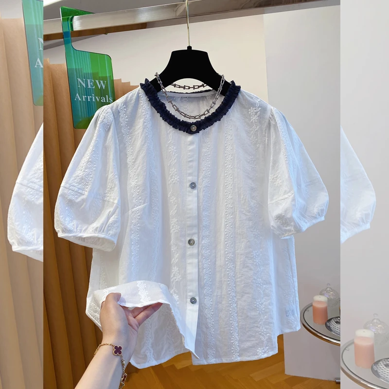 夏季新款减龄撞色木耳领大码短袖宽松衬衫女士设计感显瘦百搭小衫