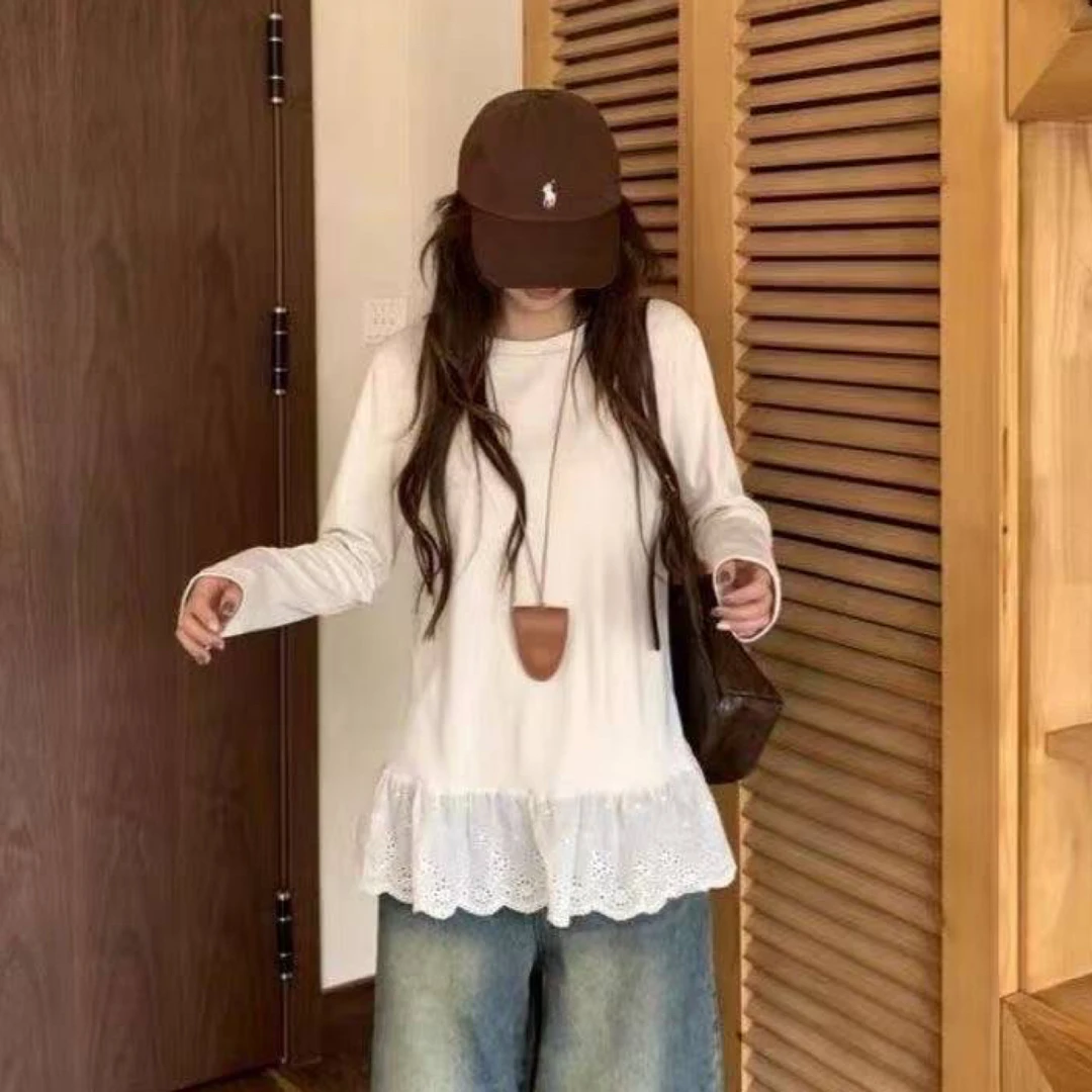 大码女装微胖mm蕾丝拼接V领打底衫2025春季显瘦设计感衫上衣