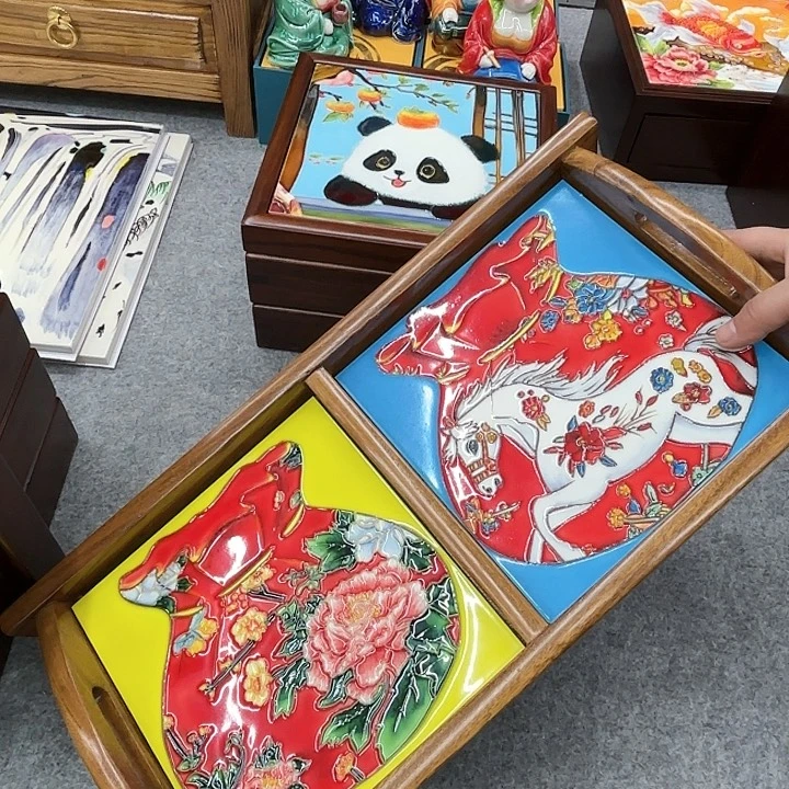 陶瓷板画老榆木托盘23/49