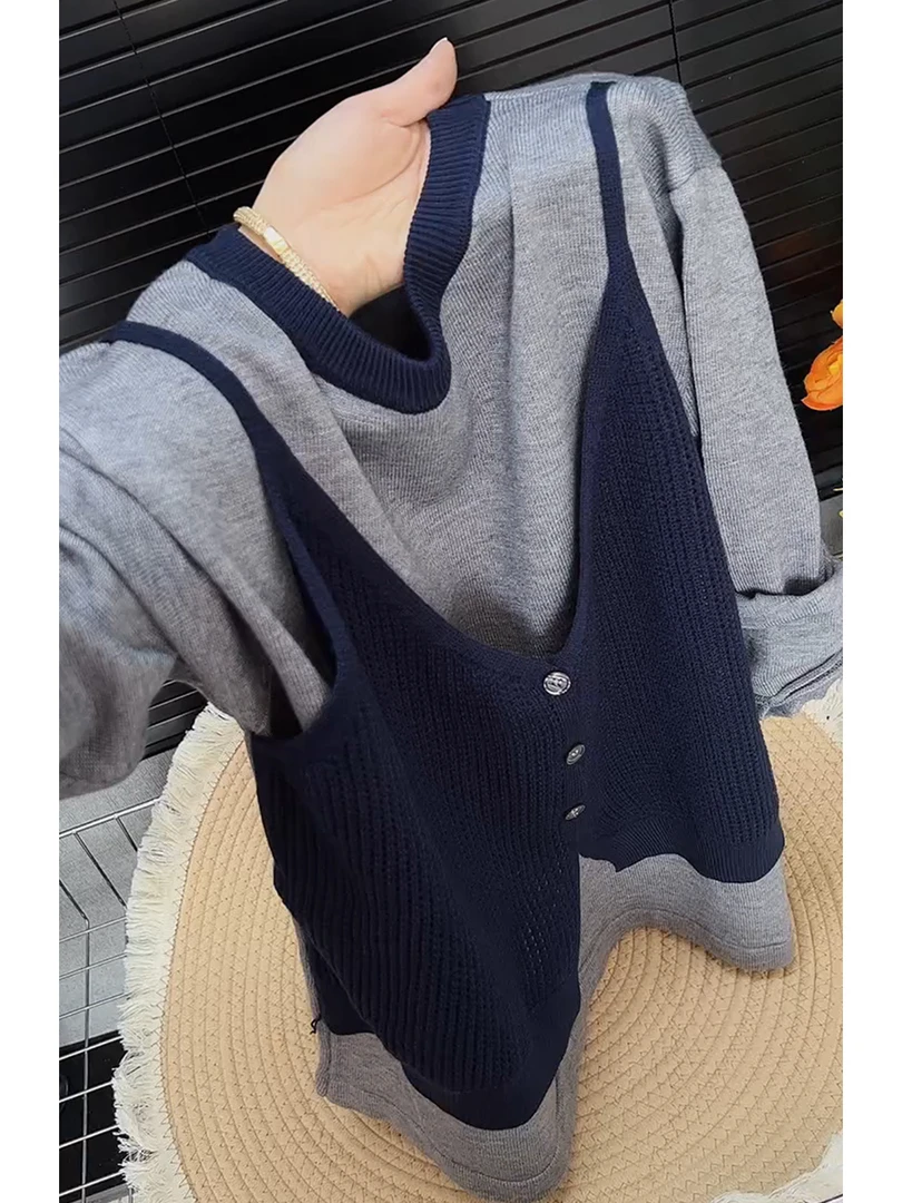 韩系长袖圆领单排扣拼色灰色假两件女2025早秋简约时尚百搭针织衫