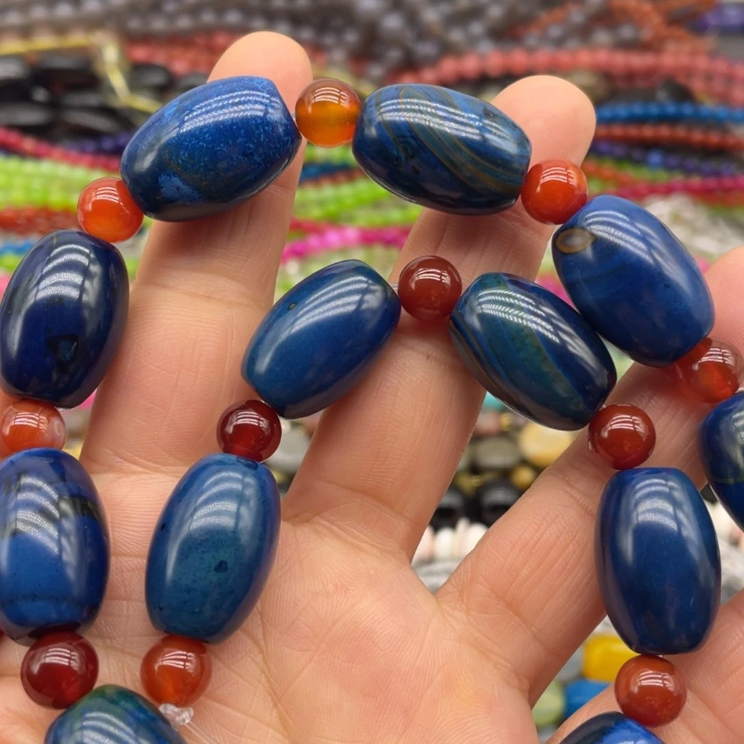 玛瑙/玉髓珠宝半成品未镶嵌蓝金玛瑙桶珠约21-15mm单颗