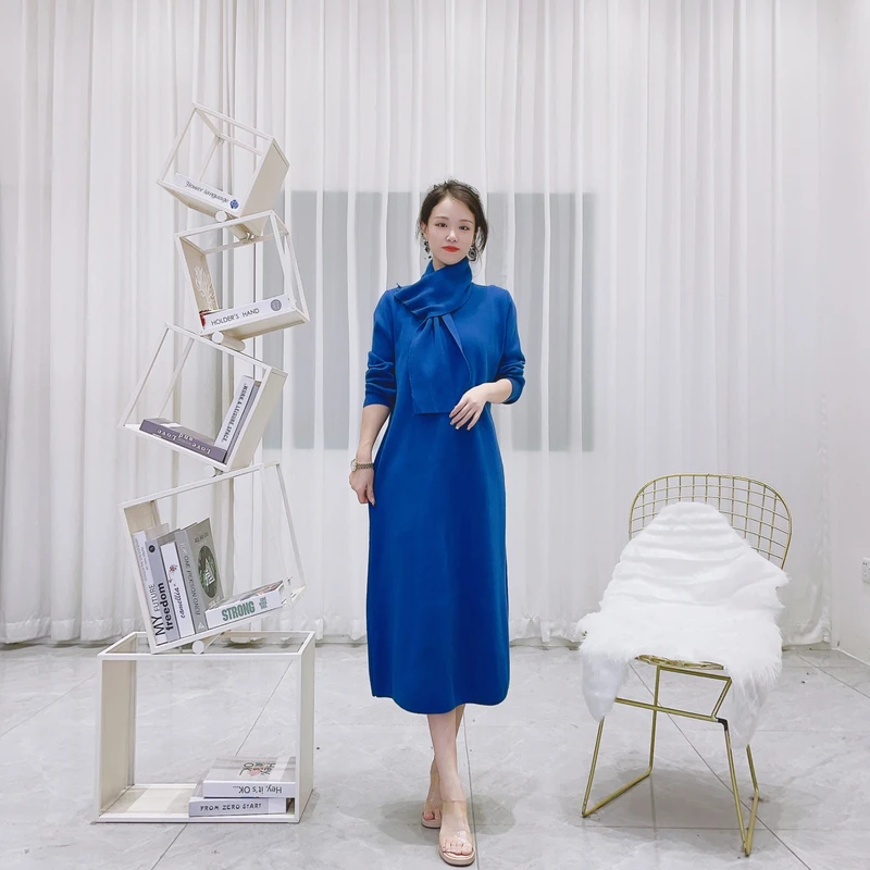 6167[意蕴蓝调]法式复古蓝围巾款秋冬连衣裙