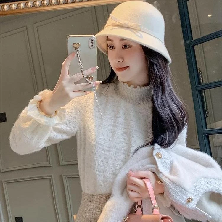 法式蕾丝衫女神范半高领上衣2025新款秋冬加绒加厚内搭打底衫8886