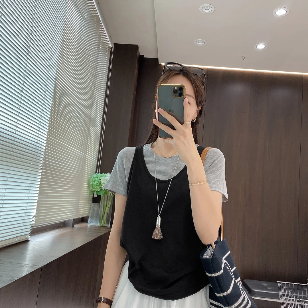 IMFLY金小金自制女装 莱赛尔T恤DYW9313叠穿T恤+吊带背心两件套