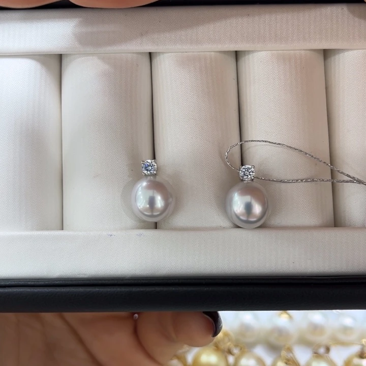 海水珍珠耳饰银S925镶嵌10-11mm宝石光极强光