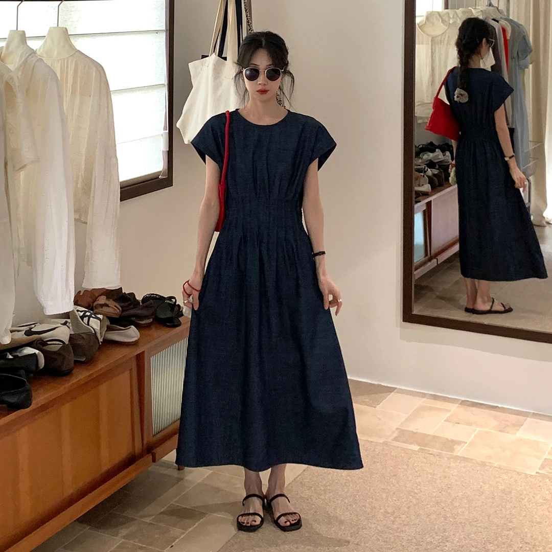 【深蓝色牛仔连衣裙】女2025夏新收腰显瘦高级感长裙