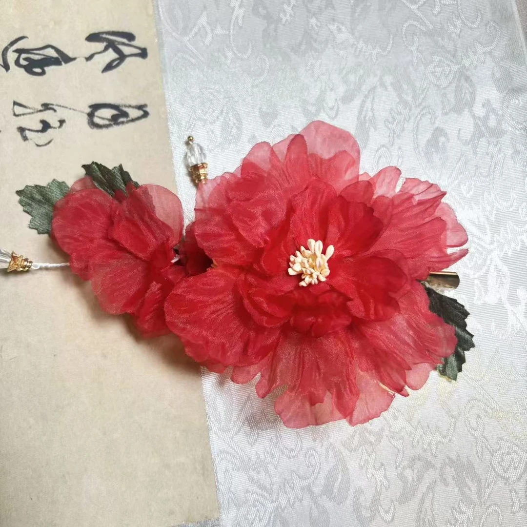 云鬓花古风饰品古装发饰烫花发饰发夹 红色牡丹 仙气汉服发冠B273