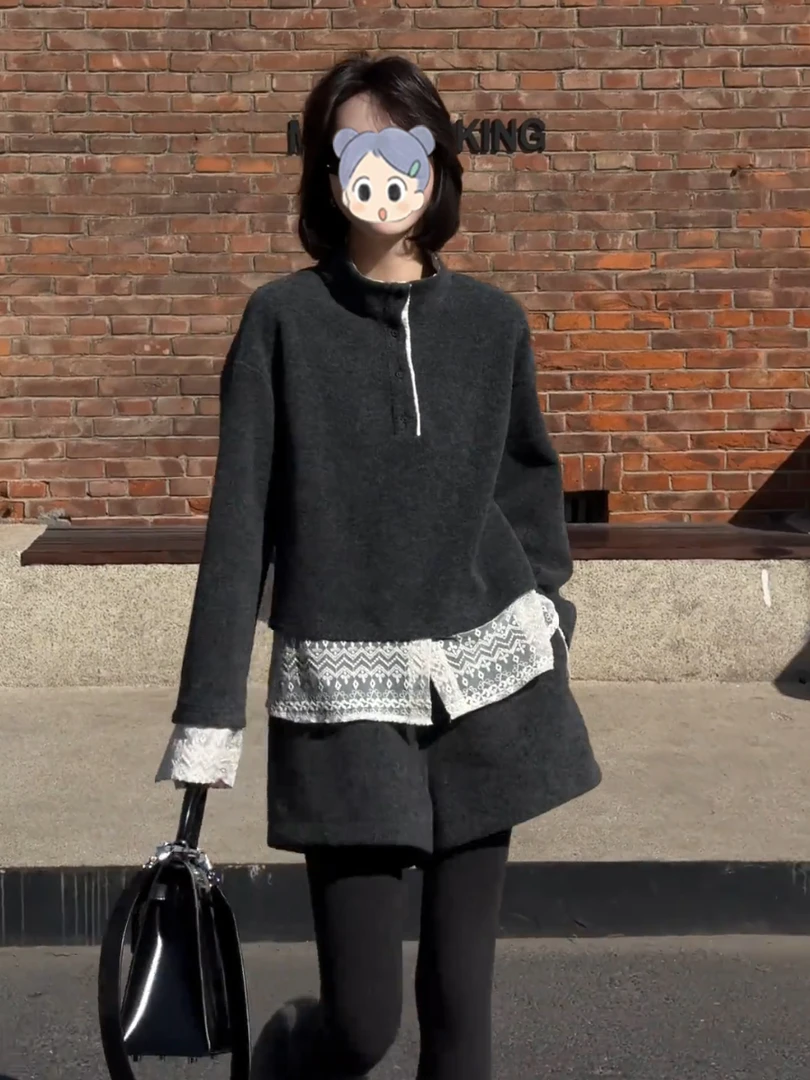 洋气百搭蕾丝拼接半高领卫衣2025秋冬韩版假两件宽松休闲上衣女