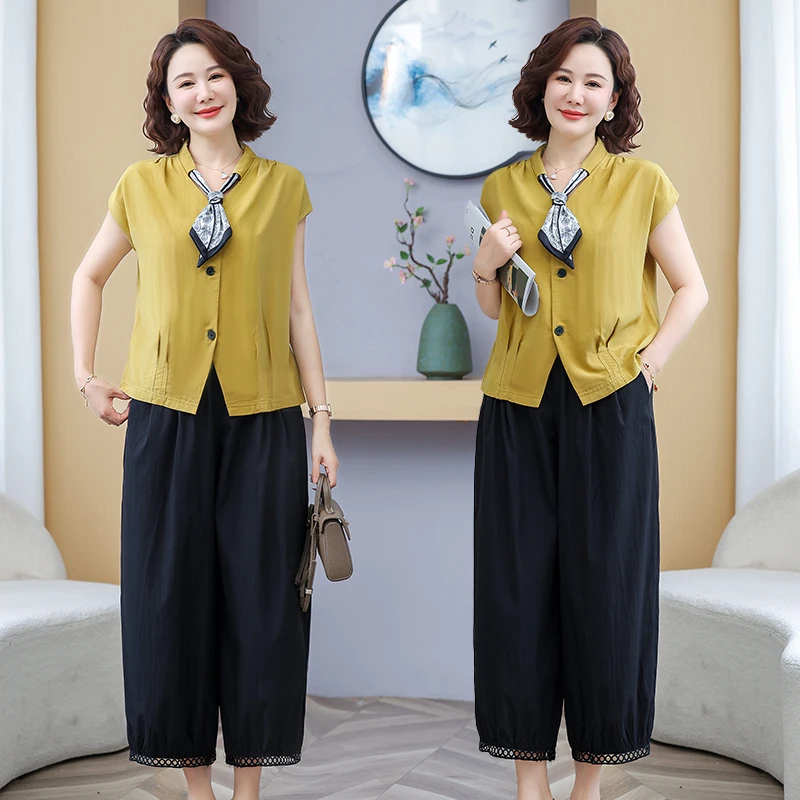 江南妈妈装夏装法式优雅丝巾领上衣套装中老年女薄款套装气质