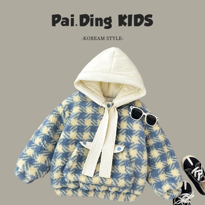 Q现货-冬装儿童格纹休闲拼接连帽加绒加厚卫衣HCXZ3809