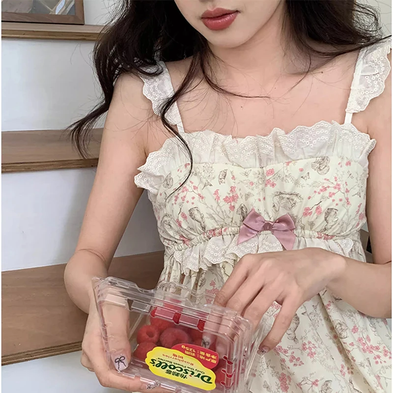 夏季中长款睡裙睡衣女款甜美带胸垫碎花气质丢吊带显瘦连衣裙百搭