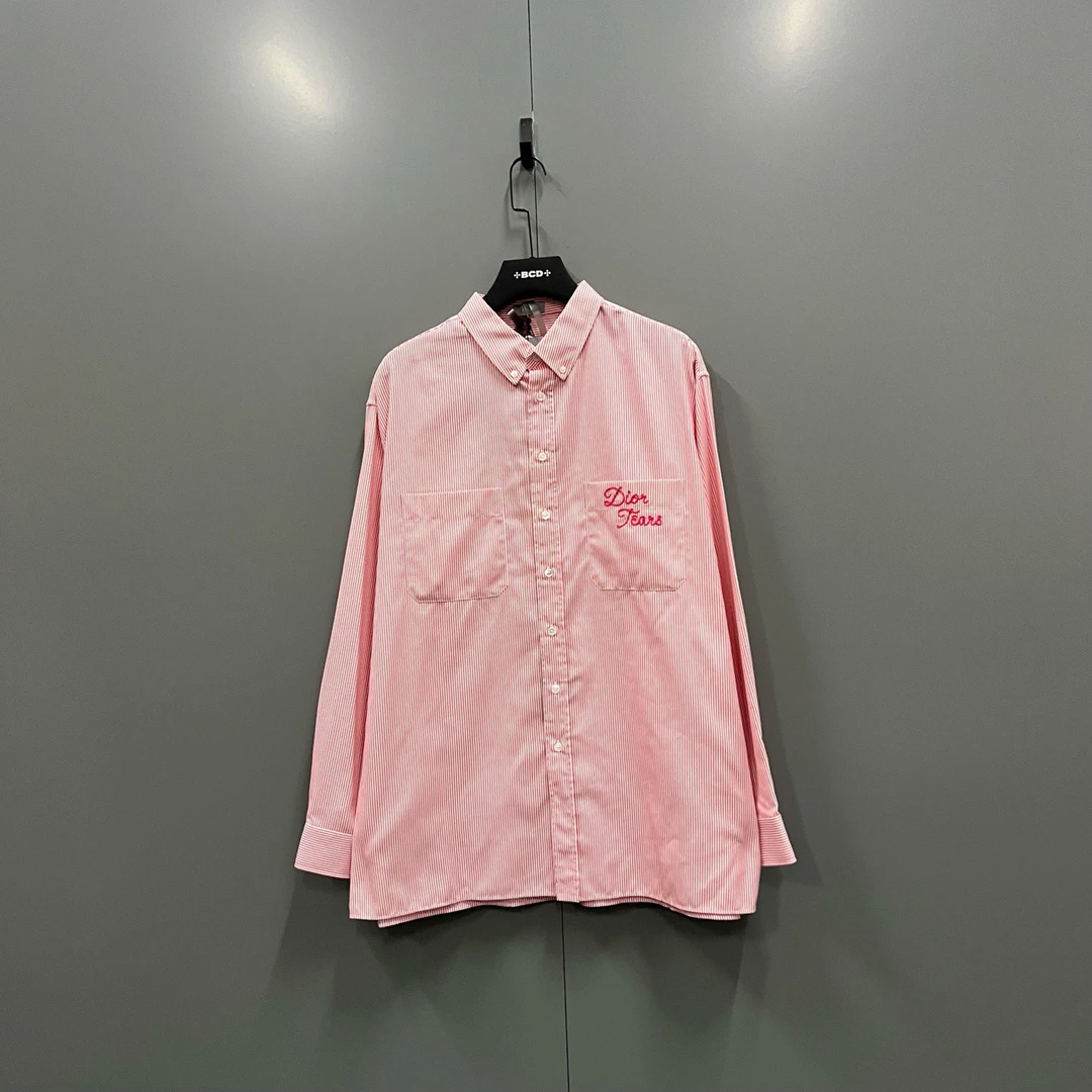 全新未使用 DIOR/迪奥 迪奥 联名款 红色条纹刺绣衬衫 42码