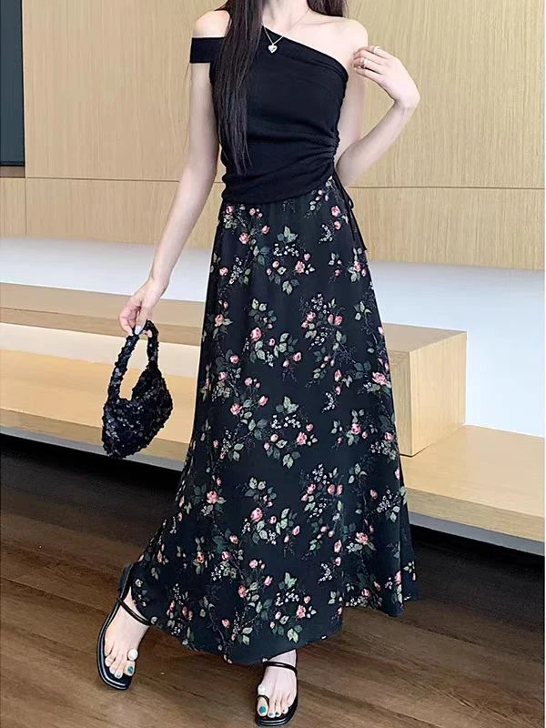 （有口袋+有内衬+2个长度）874新款花花世界伞裙高腰显瘦印花大摆裙