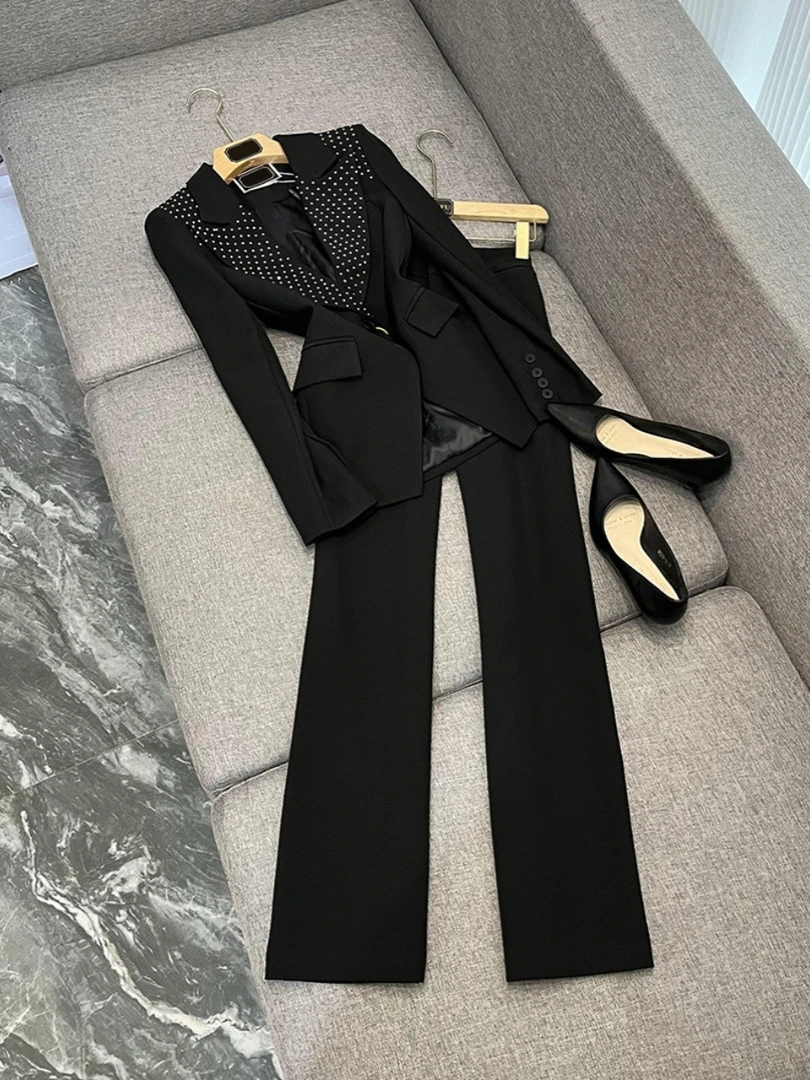 2025年春季新款黑色百搭气质翻领波点一粒扣西装两件套女新款洋气