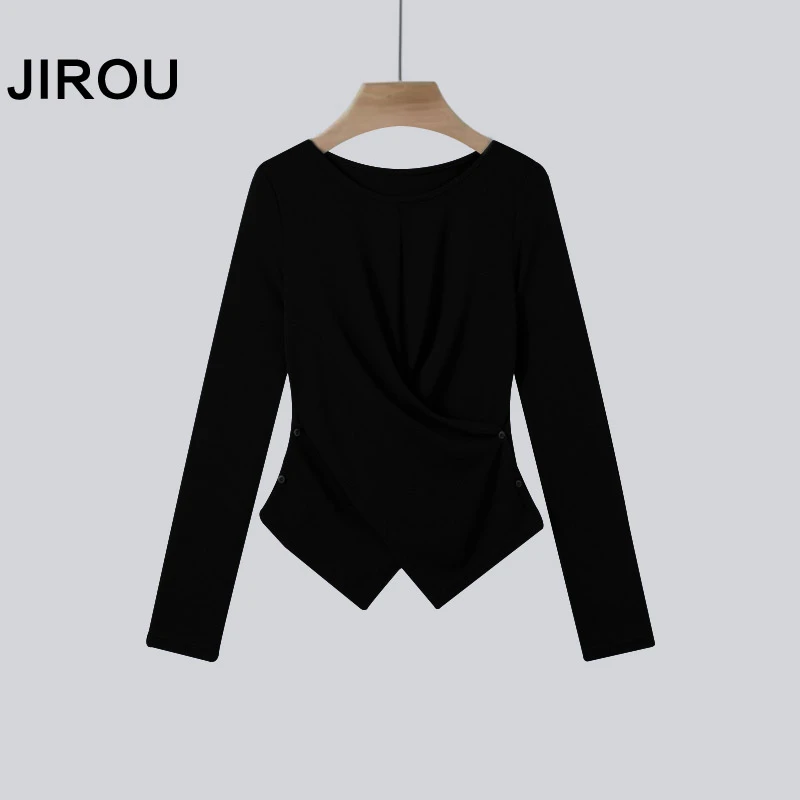 黑色显瘦不规则长袖T恤衫女秋季2025新款百搭设计感别致打底上衣