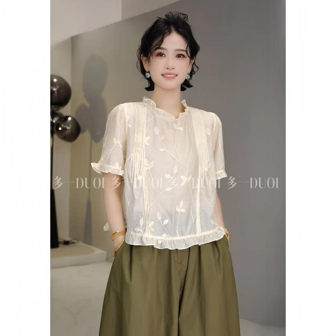 多一“枝蔓”2025夏季复古娃娃花边领枝蔓图案气质百搭半袖上衣