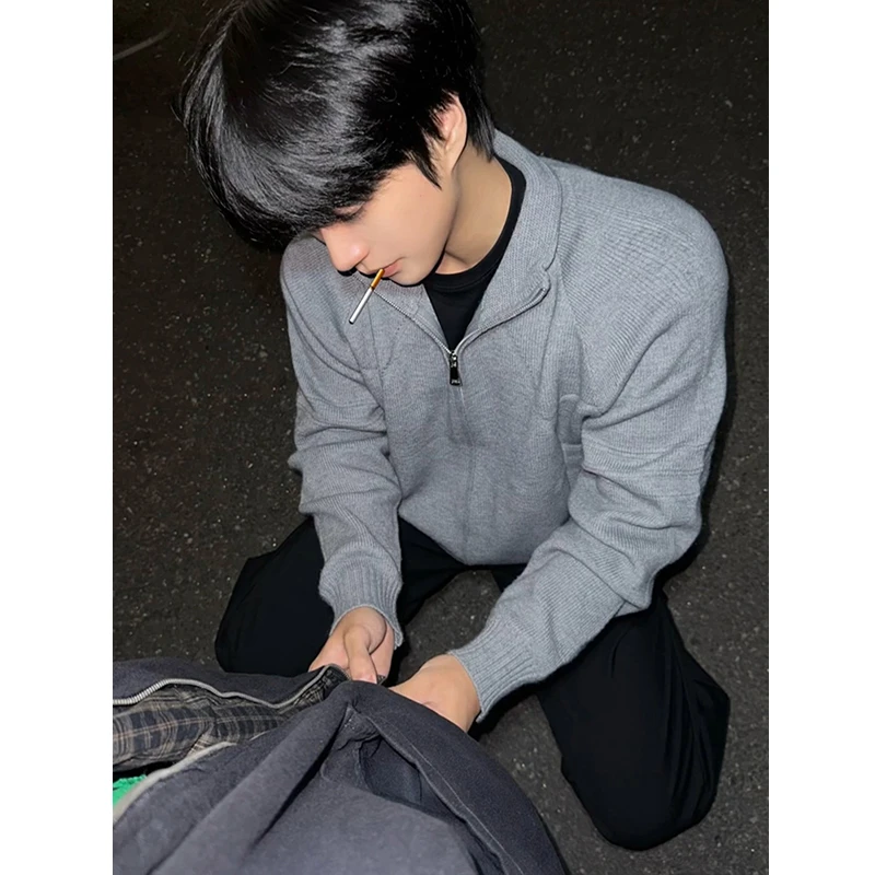 灰色立领开衫毛衣男款秋冬慵懒高级感美式复古宽松针织衫夹克上衣