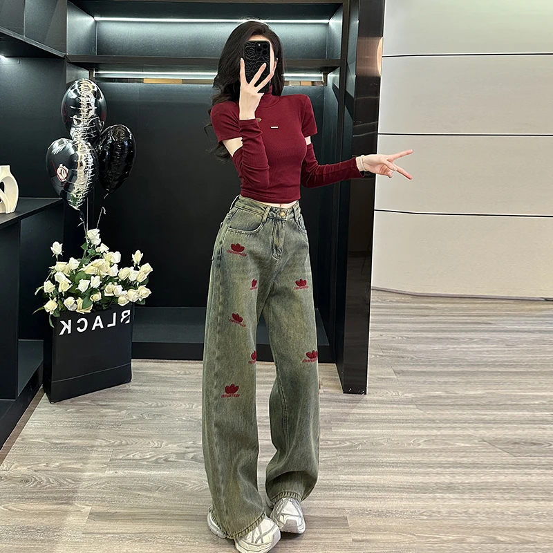 春夏新款女美式复古高腰阔腿牛仔裤宽松长裤短款上衣两件套