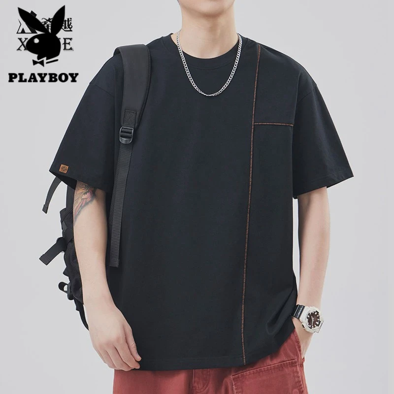 花花公子设计感拼接t恤男款夏季新款重磅圆领体恤衫大码宽松潮牌