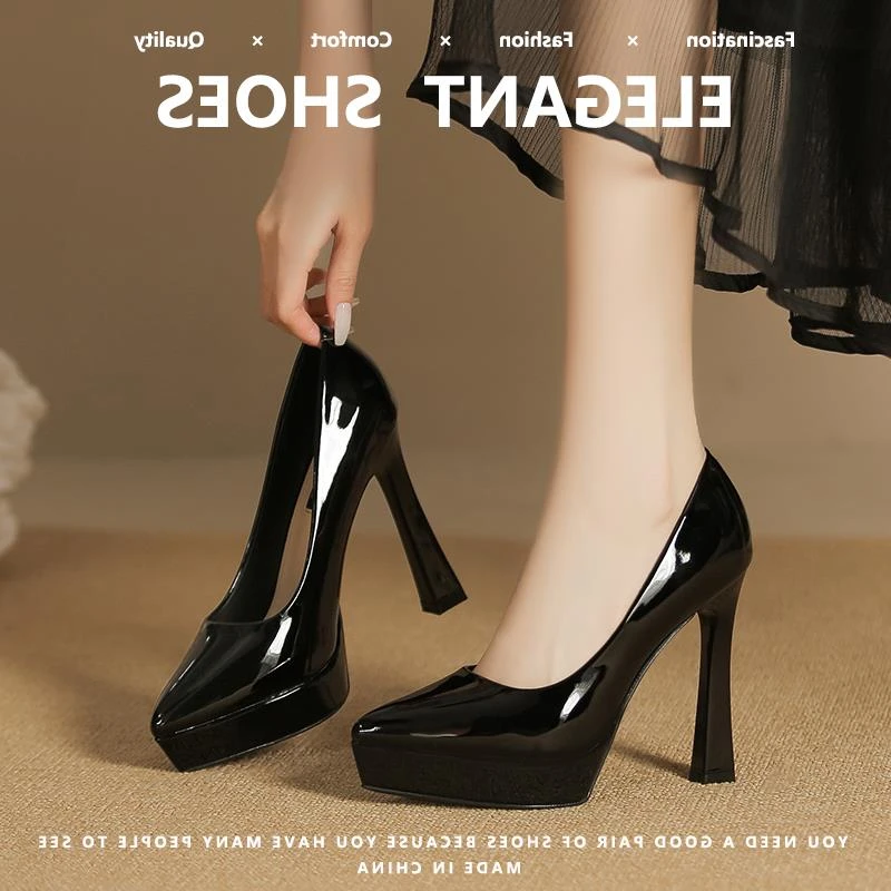 黑色绝美超高跟鞋女细跟防水台12cm性感恨天高漆皮法式尖头单鞋女