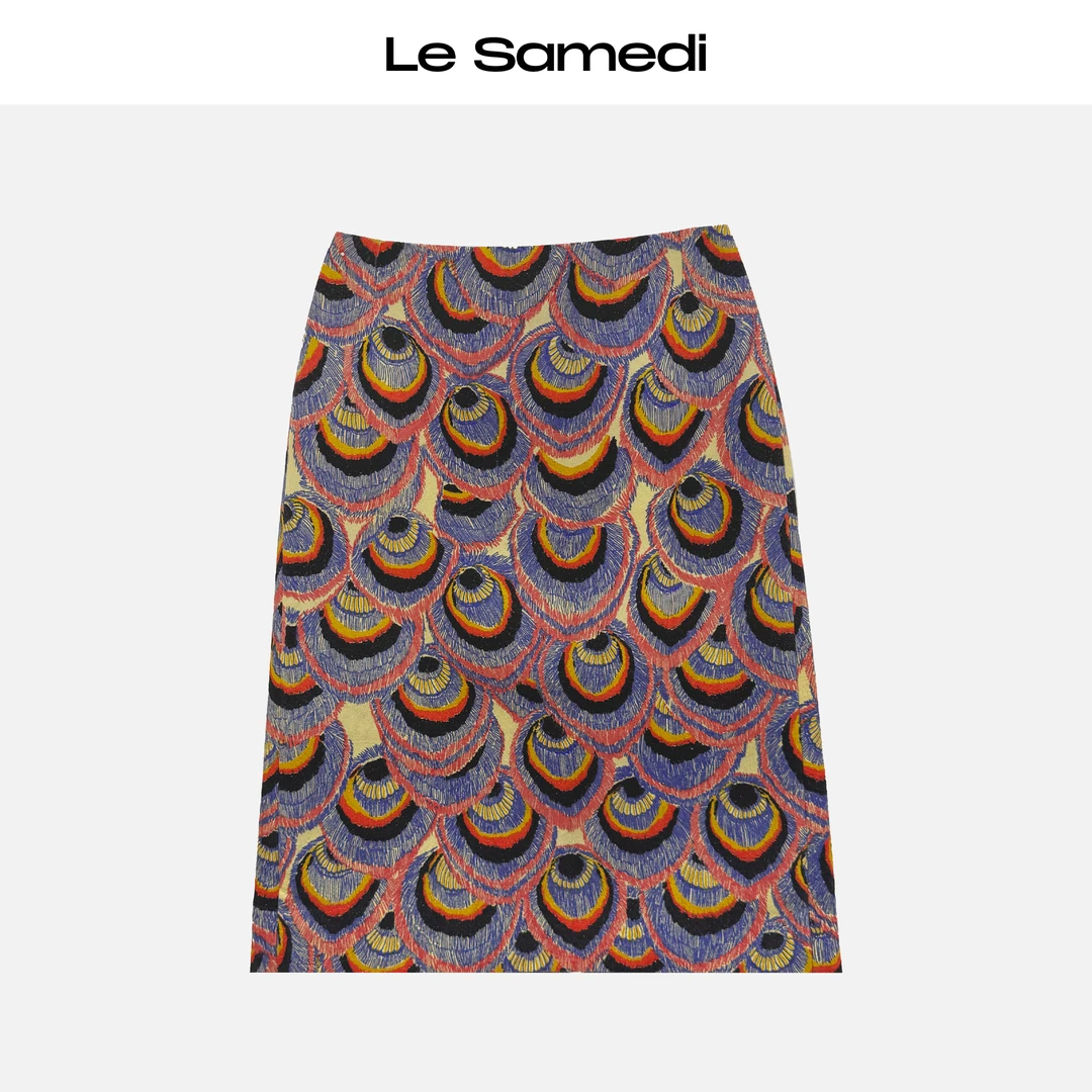 Le Samedi【雀羽流光】重工金丝浮雕雀羽纹理印花 后开叉高腰半身裙