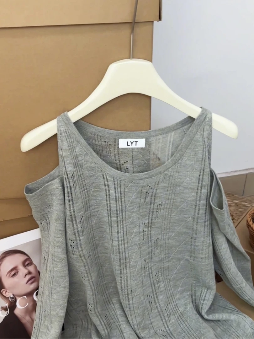 韩系慵懒风露肩长袖圆领针织衫女夏天外搭罩衫薄上衣透视百搭ins