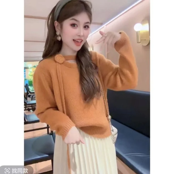 韩系初冬穿搭圆领飘带紫色毛衣女款2025新款加厚软糯慵懒风针织衫