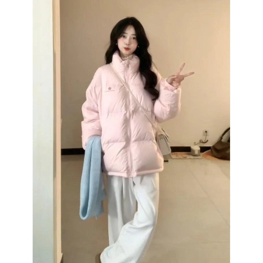 温柔风粉色立领保暖棉服外套女冬季新款时尚潮流个性保暖面包服潮
